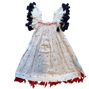 Mer Kids White Embroidered Tassel Dress | Swingy Trapeze Style | Size 6